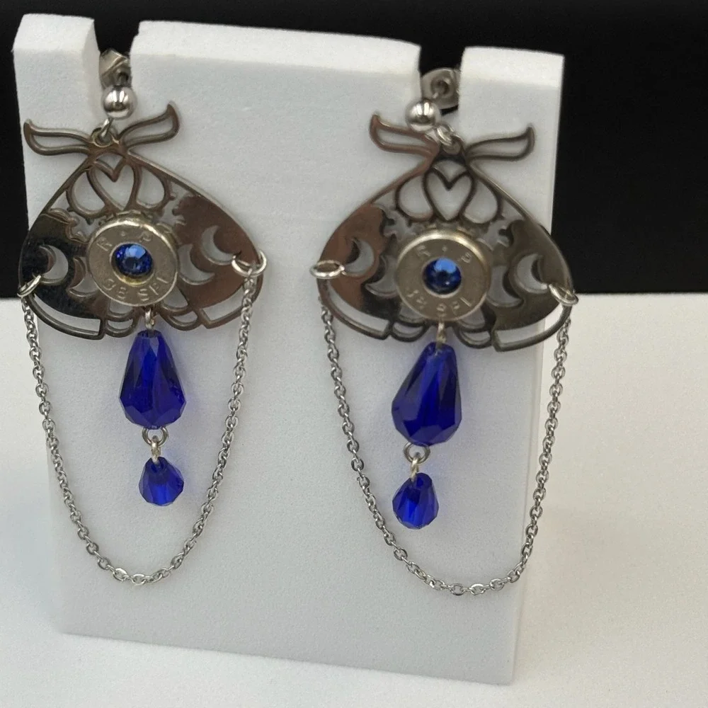 Vintage Womens silver Tone Chain‎ Blue Beaded Fashion Dangle/Drop Earrings